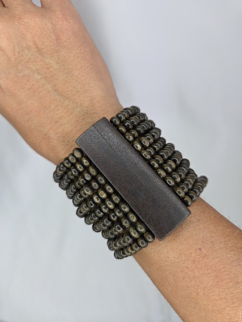 Brown Wood Beaded Stretch Cuff Bracelet